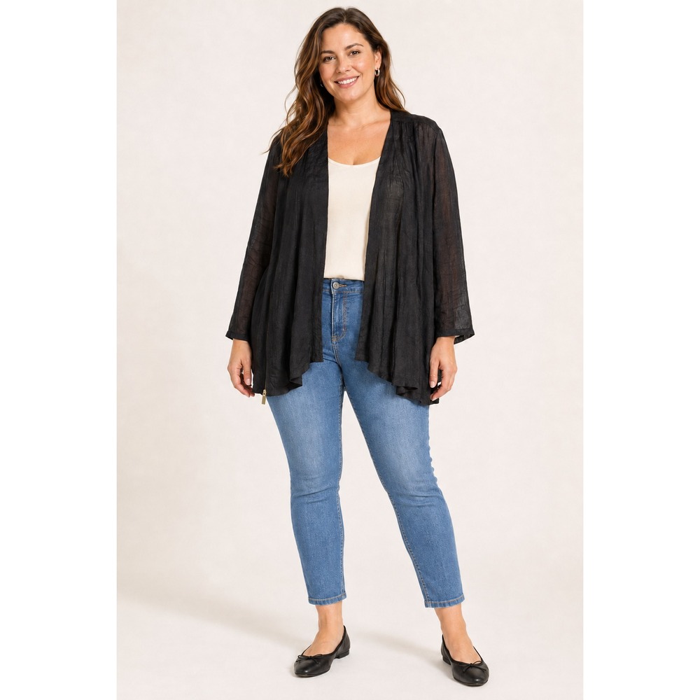 Chico's Size 2  (US L ) Black Open Front Cardigan Side Zipper Lightweight Sheer